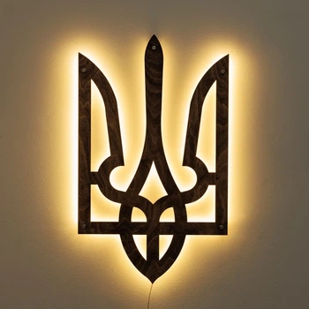 Настенное декоративное панно Герб Украины (Трезубец) с LED-подсветкой деревянный, тёмный орех, 36×75 см, сине-жёлтый свет