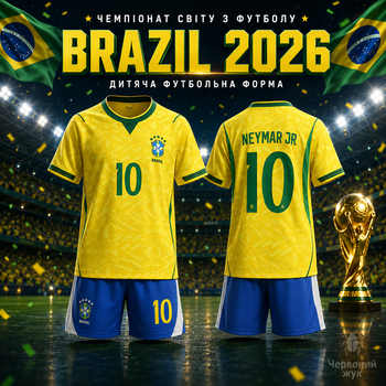Форма футбольна дитяча Brazil 2026 Neymar JR 10 жовта синя комплект футболка та шорти розмір 20 — зріст 110–120 см