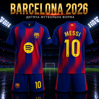 Форма футбольна дитяча Barcelona 2026 Messi 10 синьо-червона комплект футболка та шорти розмір 26 — зріст 140–150 см