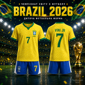 Форма футбольна дитяча Brazil 2026 Vini JR 7 жовта синя комплект футболка та шорти розмір 22 — зріст 120–130 см