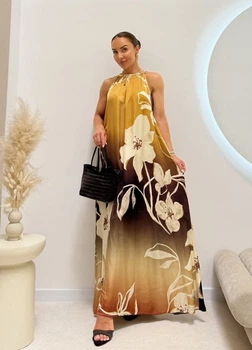 Бежевий сарафан максі Miho’s халтер з віскозного шовку 36-001 - M-XL - бежевий