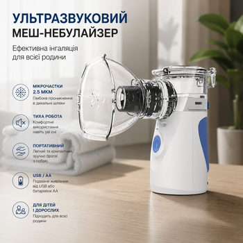 Портативний ультразвуковий МЕШ-небулайзер, інгалятор для дітей і дорослих, USB/AA, безшумний, синій