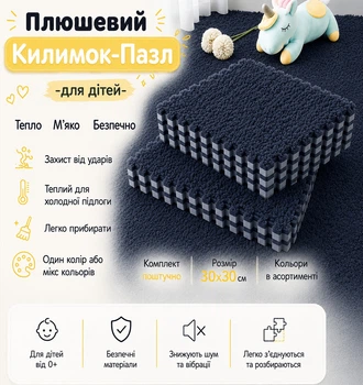 Килимок-пазл термокилимок плюшевий, 30x30см тепла підлога,для дому, дитячий мат, темно-сірий Mat_DarkGrey