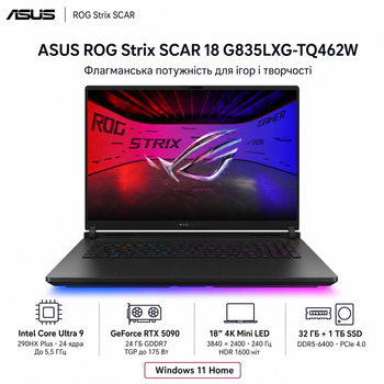 Ноутбук ігровий 18" Asus ROG Strix SCAR 18 G835LXG-TQ462W Intel Core Ultra 9 290HX 32GB 1TB SSD RTX 5090 W11 Home Off Black (90NR0LF1-M00N10)