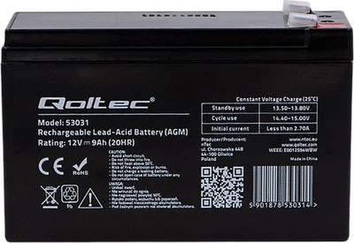 Аккумуляторная батарея Qoltec AGM 12V-9Ah max. 135A (53031)