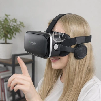 Очки виртуальной реальности VR SHINECON для смартфона Android и iPhone с наушниками и микрофоном для игр, просмотра видео и фильмов, с регулируемым креплением на голову, и фокусного расстояния, JBV-12-Black