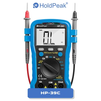 Мультиметр HoldPeak HP-39C компактний цифровий (TrueRMS 6000 відліків 600В 10А AC/DC 60МОм 60mF 1000°C 10MHz NCV)
