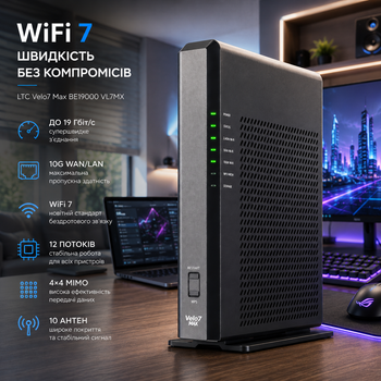 WiFi 7 маршрутизатор LTC Velo7 Max BE19000 VL7MX, до 19 Гбит/с, 10G WAN/LAN, 12 потоков, 10 антен, 4×4 MIMO