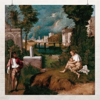 Постер Буря, Джорджоне, Giorgione, The Tempest, інтер'єрний декор, A3 30×30 см (id6973)