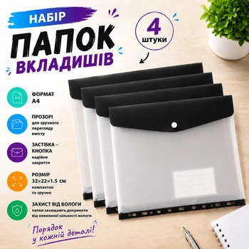 Набор папок-вкладышей с кнопкой для документов 4 штуки формат А4 папка-файл для фолдера папки-конверты прозрачные, чёрный folder-2_black