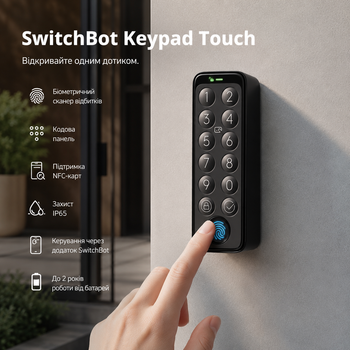Розумна кодова клавіатура SwitchBot Keypad Touch із біометричним сканером відбитків пальців, вологозахист IP65, NFC для Smart Lock
