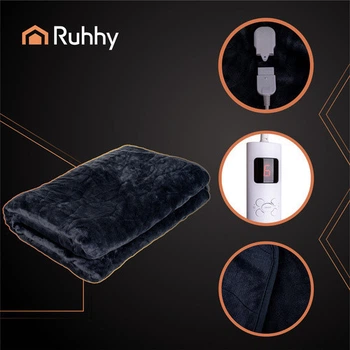 Електроковдра двоспальна RUHHY 180x130 см — Електричне покривало, 6 режимів, 85 Вт, чорна, прання в машині