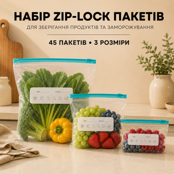 Набір багаторазових Zip-Lock пакетів для зберігання продуктів із бігунком 45 шт, 3 розміри