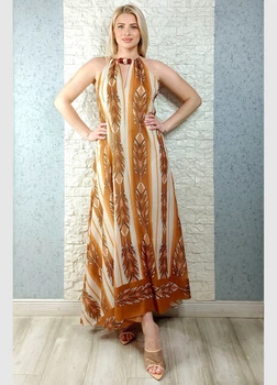Сарафан максі халтер з намистинами Miho’s батистовий коричневий 42-001 - M-XL - коричневий