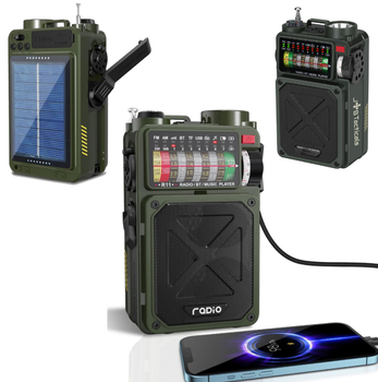 Аварійне Портативне Радіо JB Tacticals зі Світлодіодним Ліхтариком Bluetooth AM/FM/WB Радіоприймач з Функцією Power Bank на 4000 мАг Зарядкою від USB Динамо-Машина та Сонячною Панеллю JB-08