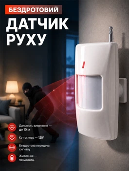 Бездротовий PIR-датчик руху для сигналізації GSM 433 МГц з виявленням до 10 м 120° і дальністю передачі до 100 м