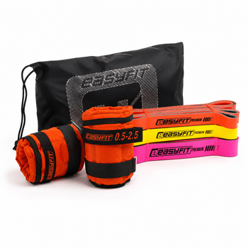 Набір для комплексних тренувань EasyFit Pro Fit 2в1. Склад набору: двошарові гумові петлі EasyFit (3в1), опір 7-45 кг + набірні обтяжувачі для ніг та рук