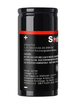 Аккумулятор 32700 LiFePO4 Soshine 6500mAh, 19.5A, 3.65/3.2/2.0V, Black