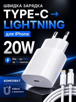 Комплект быстрой зарядки 20W для телефона Apple iPhone type-c to lightning 7 8 X 11 12 13 14 pro max plus mini iPad адаптер сетевое зарядное устройство блок тайпси лайтнинг usb-c power adapter быстрая зарядка айфон айпад кабель лайтинг тайп-с 1м