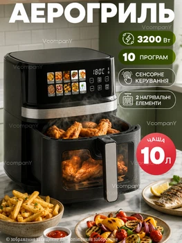 Мультипіч Crownberg Аерогриль на 10 літрів аерофрітюрниця 3200 Вт, Аерогриль, фритюрниця без олії, аерофрітюрниця гриль електро Чорний