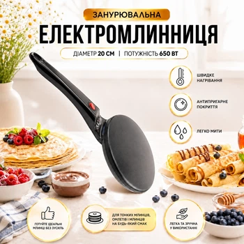 Млинниця електрична занурювальна SINBO сковорода для млинців 20 см з антипригарним покриттям 650 Вт