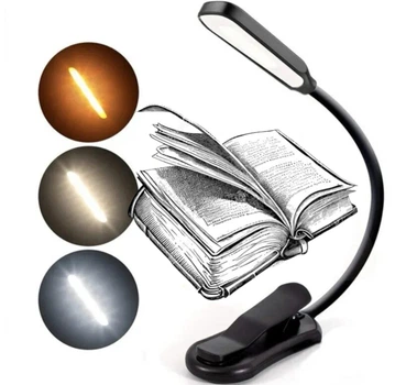 Лампа для чтения книг Аккумуляторная Перезаряжаемая 7 LED светодиодов 3 уровня свечения 3000-6000К Гибкая Clip ножка прищепка на аккумуляторе прищепке A01 Black