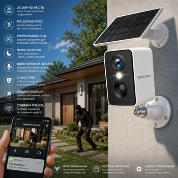 Беспроводная Wi-Fi камера видеонаблюдения Septekon 2K 3MP с солнечной панелью, PIR, AI, IP66, ночное видение, двусторонняя связь