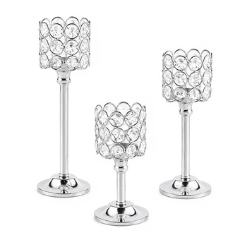 Комплект подсвечников Lesko 009 Silver металлические высокие 3 предмета с хрустальными колбами