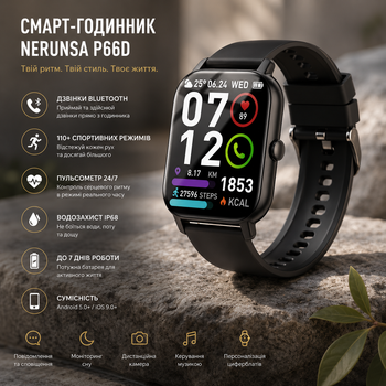 Смарт-годинник Nerunsa P66D 1.85" HD Bluetooth | Дзвінки, 110+ спортивних режимів, IP68, пульсометр, для Android/iOS