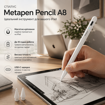 Стилус для Apple iPad Metapen Pencil A8 белый беспроводной активный ручка для планшета с магнитным креплением