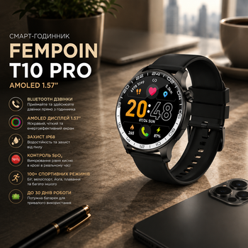 Смарт-годинник Fempoin T10 Pro Black AMOLED 1.57", Bluetooth дзвінки, IP68, SpO2, 100+ спортивних режимів, до 30 днів