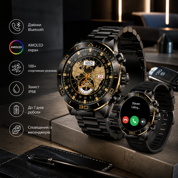Чоловічий розумний годинник SOUYIE SM-7 Чорний смарт годинник з AMOLED екраном та дзвінками Bluetooth 2 ремінці в комплекті