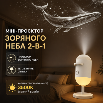 Проектор звездного неба 2 в 1, ночник с 10 сменными слайдами, теплый свет 3500K, USB, белый