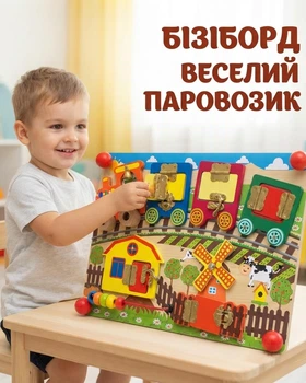 Дерев’яний бізіборд Qnshine Веселий паровозик Замки та механізми