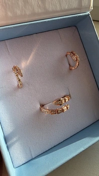 Срібний комплект змія 925 з цирконами каблучка та сережки Позолота