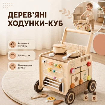 Дитячі дерев’яні ходунки 3 в 1, розвивальний куб з ігровою кухнею та аксесуарами каталка з міні кухнею, посудом та рухомими елементами для раннього розвитку діток 6+ місяців