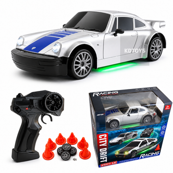 Машинка для дрифта Порш на радиоуправлении Porsche 911 Свет Неоновая подсветка Размер 21 см (Серебристый)