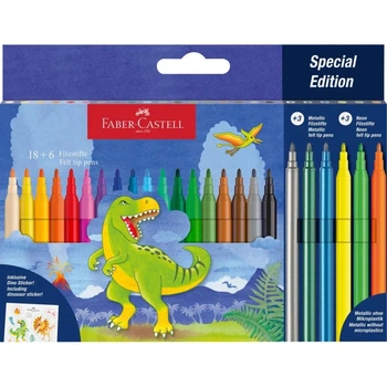 Фломастеры Faber-Castell Динозавр 18 цветов + 3 металлика + 3 неоновых + наклейки в картонной коробке (32963)