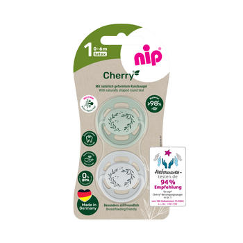 Пустышка латексная круглая для детей 0–6 месяцев NIP Cherry арт. 91032-52 2 шт. зеленый/серый