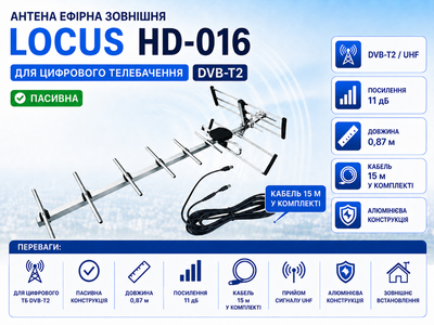 Антена зовнішня ефірна Locus HD-016 0.87 м пасивна для цифрового телебачення DVB-T2 з кабелем 15 м