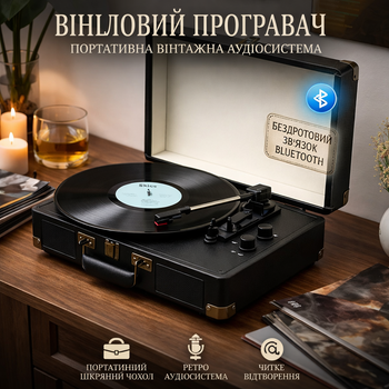 Портативний вініловий програвач з Bluetooth у вінтажному шкіряному чохлі для платівок, ретро аудіосистема