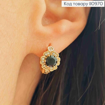 Серьги кольца "Таинственный Цветок" с Черным камнем, диаметр 1,2см, XUPING 18K