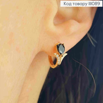Серьги кольца с черным камнем, диаметр 1,3см, Xuping 18К.
