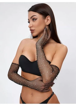 Рукавички сіточка довгі зі стразами s/m/l чорний (30r039)