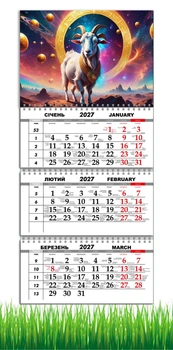 Календарь настенный квартальный на 2027 год на три пружины, Apriori, год Козы, символ года Коза, Космос,29,7х61см , 8 вид