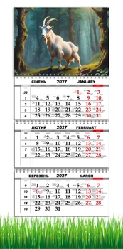 Календарь настенный квартальный на 2027 год на три пружины, Apriori, год Козы, символ года Коза, 29,7х61см , 31 вид