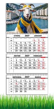 Календар настінний квартальний на 2027 рік на три пружини , Apriori, рік Кози, символ року Коза, 29,7х61см, 22 вид