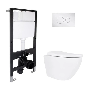 Готовый комплект инсталляции Qtap Standard и подвесного унитаза Qtap Robin ML Ultra Quiet, безободковый, с хромированной клавишей