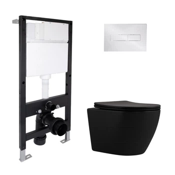Комплект инсталляции Qtap Standard с подвесным безободковым унитазом Qtap Robin New Ultra Quiet черный матовый и хромированной