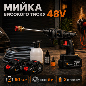 Портативная аккумуляторная мойка 48 В, аппарат высокого давления 60 бар для автомобиля, окон, плитки и двора, 2 аккумулятора по 5 Ач, шланг 5 м, чемодан